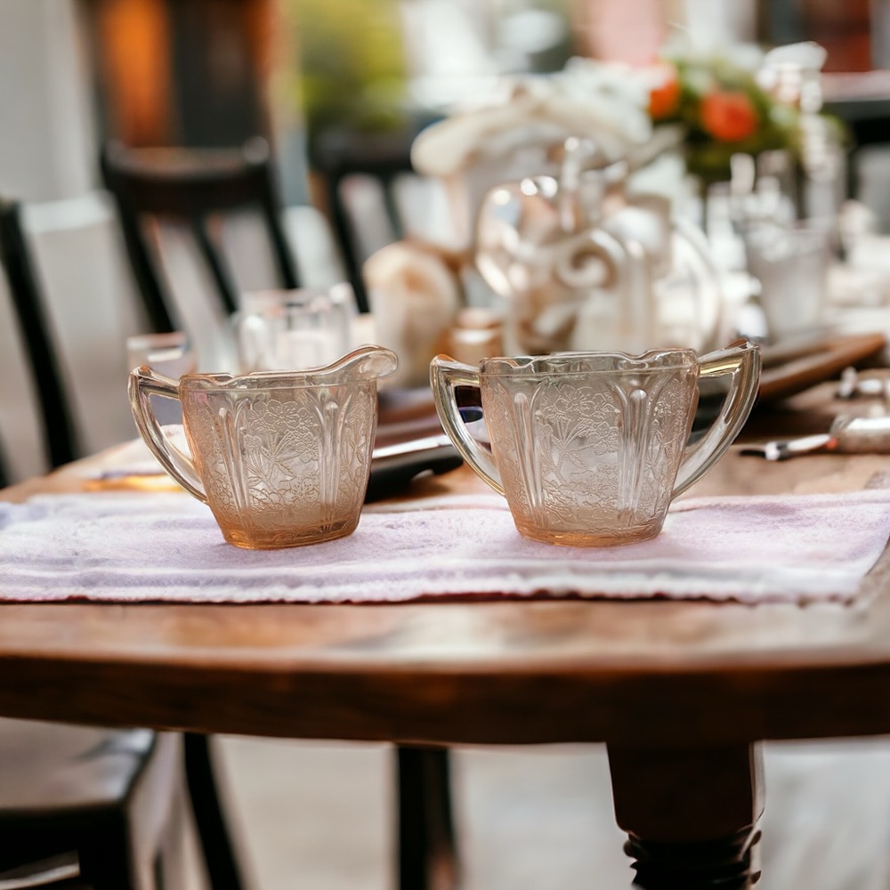Vintage Pink Depression Glass Cherry Blossom Creamer & Sugar Set Jeannette 1930s